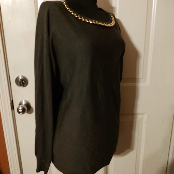🔸🌿🔸NWOT Stellar Adrienne Vittadini Dark Olive & Gold Batwing Top Blouse - L - Picture 2 of 16
